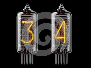 Nixie tube indicator. Number 3 three and 4 four on black background