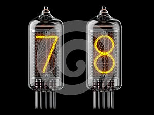 Nixie tube indicator. Number 7 sven and 8 eight on black background