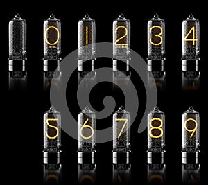 Nixie tubes with digits isolated on black. 3d rendering