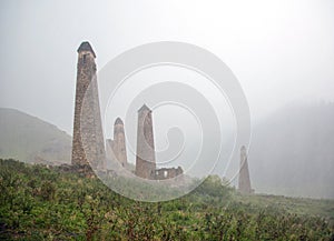 Niy tower complex in Ingushetia in summer rain