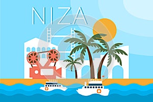 Niza, travel landmarks, city architecture vector illustration in flat style photo