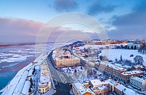 Nizhny Novgorod. Panorama of the city of winter. Shooting from a drone