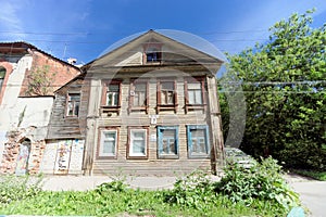 Nizhny Novgorod, Russia. - June 30.2016. Wooden house on the street Nizhegorodskaya 7.