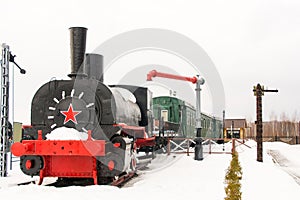 Nizhny Novgorod, Russia. March 10, 2019. Museum of old steam locomotives in the open air. The old railway