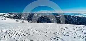 Nizke Tatry, Velka Fatra and Kremnicke vrchy from Veterne hill in winter Mala Fatra mountains in Slovakia