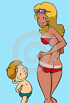 NiÃ±o observa a mujer con bikini rojo