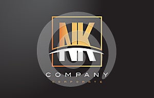NK N K Golden Letter Logo Design with Gold Square and Swoosh.