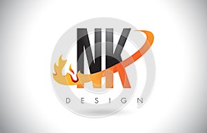 NK N K Letter Logo with Fire Flames Design and Orange Swoosh.