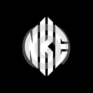 NKE circle letter logo design with circle and ellipse shape. NKE ellipse letters with typographic style. The three initials form a