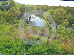 Landscape.The sky is blue. Green grass. Green trees. Descent to the river. photo