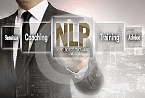 Nlp businessman with city background concept photo