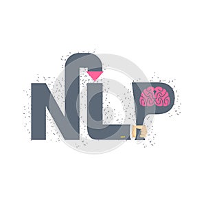 NLP logo and emblem. Hand holding a letter with brain. Vector il photo