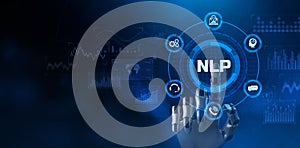 NLP Natural language processing AI Artificial intelligence. Technology concept. Robot pressing button. photo