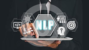 NLP natural language processing cognitive computing technology concept, Business person hand using digital tablet with VR screen