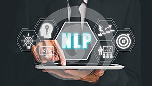 NLP natural language processing cognitive computing technology concept, Business person using digital tablet with VR screen NLP