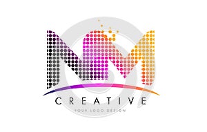 NM N M Letter Logo Design with Magenta Dots and Swoosh