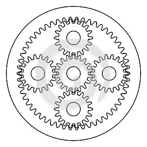Gears mesh. Planetary gear system. Vector thin line