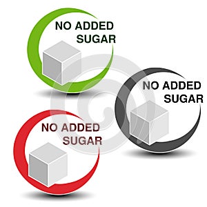 No added sugar symbols on white background. Silhouettes cube of sugar in a circle with shadow. photo