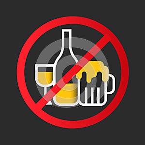 No alcohol icon sign with white yellow wine glass, Liquor bottle, Beer glass in red circle stop sign vector design