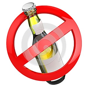 No alcohol sign. Bottle of beer on white isolated background.