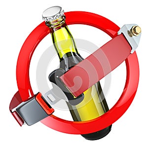 No alcohol sign concept. Bottle of beer and safety belt isolated