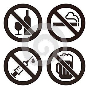 No alcohol sign, No smoking sign, No alcohol sign and No beer sign