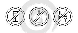 No alcohol vector icon set. Prohibited of drink alcohol sign. No drink forbidden linear symbol