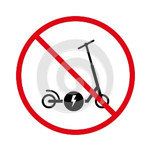 No Allowed Push Wheel Bike Sign. Ban Electronic Kick Scooter Black Silhouette Icon. Electricity Transport Red Stop