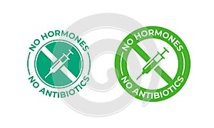 No antibiotics food label stamp, hormones free farm grown chicken and beef or pork meat vector logo. Natural healthy antibiotics