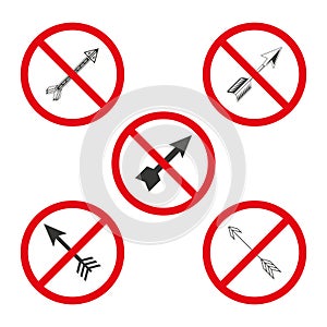 No Archery Arrows Allowed. Bow Arrows Prohibition Sign. Archery Equipment Restriction. Vector illustration. EPS 10.