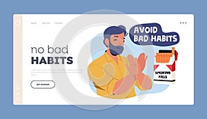No Bad Habits Landing Page Template. Man Show Stop Gesture for Cigarette Box. Male Character Healthy Lifestyle