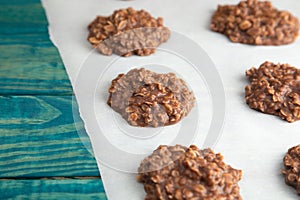 No Bake Chocolate Peanut Butter and Oat Cookies on Wooden Table