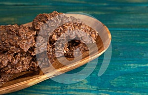 No Bake Chocolate Peanut Butter and Oat Cookies on Wooden Table