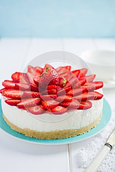 No baked strawberry cheesecake on white background