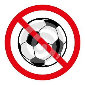 no ball games sign, vector red crossed out circle symbol with soccer football ball illustration