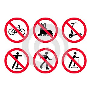 No bicycles, biking, no roller skating, no scooters prohibition signs set.