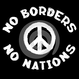 No borders no nations sign and pacific symbol. Conceptual social black and white stamp