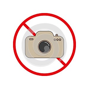 No camera icon. Don t photo and video. Forbidden sign. Public information concept. Vector illustration. Stock image.