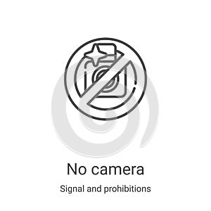 no camera icon vector from signal and prohibitions collection. Thin line no camera outline icon vector illustration. Linear symbol