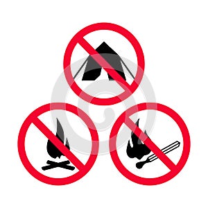 No camping, No fire and No open flames red prohibition signs.