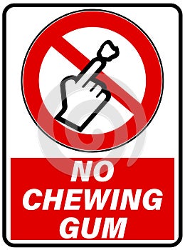 No chewing gum. Prohibition sign with a finger sticking an old chewed up gum on a surface.