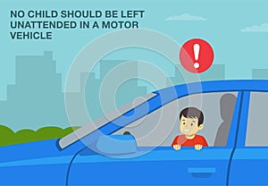 No child should be left unattended in a motor vehicle. Close-up of kid sitting in front driver\'s seat. Side view.