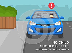 No child should be left unattended in a motor vehicle. Kid sitting in front driver`s seat. Parked car at curb.