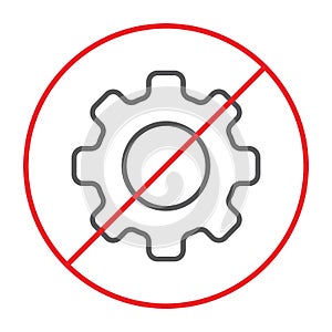 No cogwheel thin line icon, prohibited and ban, no gear sign, vector graphics, a linear pattern on a white background.