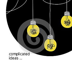 No creativity complicated idea concept illustration. simple line hanging light bulb with yellow background and tangled filament