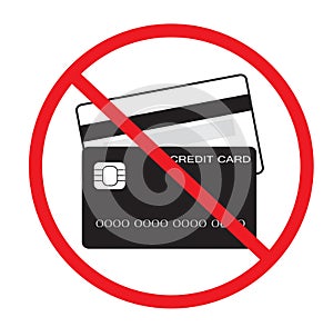 No credit card on white background. red prohibition sign. stop symbol. flat style