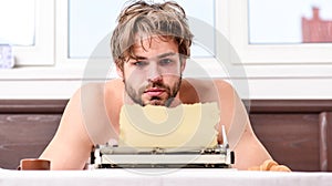 No day without chapter. Vintage typewriter concept. Man typing retro writing machine. Male hands type story or report