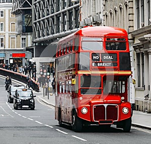 No deal Brexit Routemaster London Bus with black cab