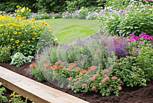 No-dig garden bed with a variety of herbs and flowers, vibrant and colorful. AI generated. photo