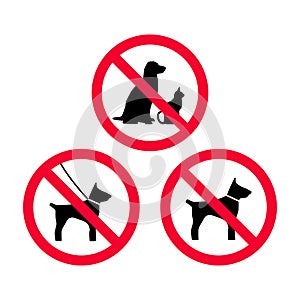 No dogs, no pets, no leash dogs, no free dogs red prohibition sign.